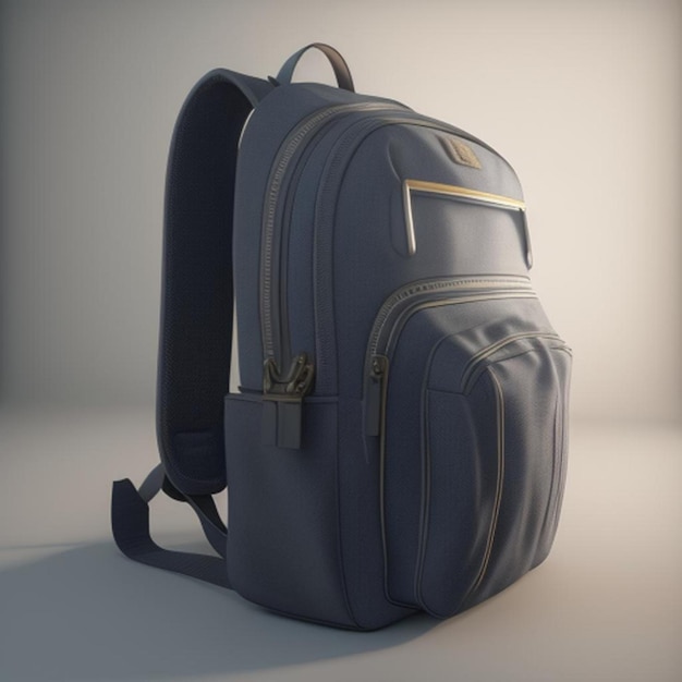 A blue backpack with a gold design on the front