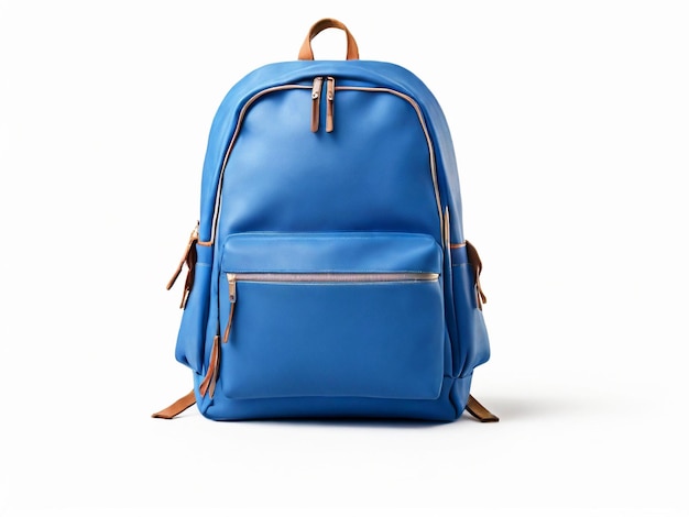 a blue backpack with a leather strap that says quot backpack quot