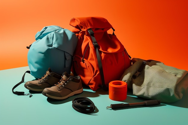 A blue backpack with a red and orange bag and a pair of shoes.