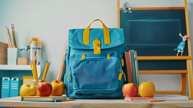 Blue Backpack with School Supplies on Classroom Desk