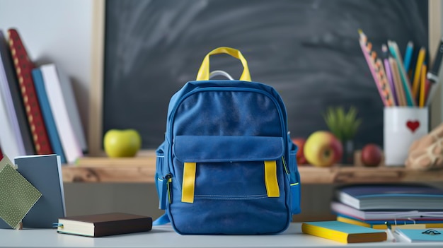 Blue Backpack with School Supplies on Classroom Desk