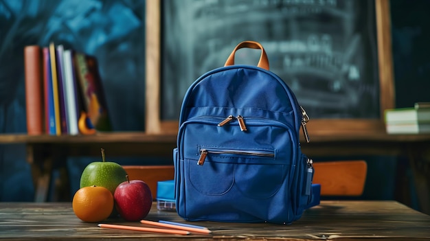 Blue Backpack with School Supplies on Classroom Desk