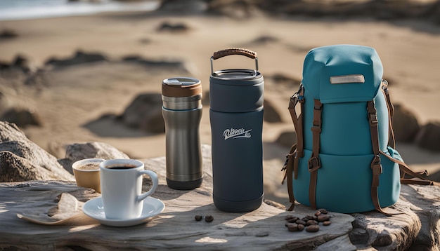 a blue backpack with a silver zippered handle sits on a beach