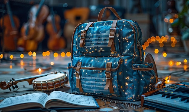 a blue backpack with a star on it sits on a table