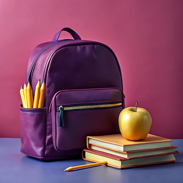 A blue backpack with yellow accents a yellow apple two pencils and a notebook all sitting on a blue surface