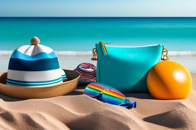 A blue bag with a blue bag on the beach next to a beach bag.