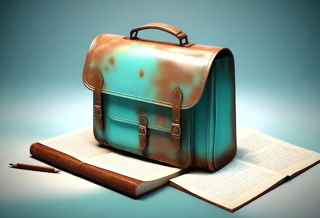 Photo a blue bag with a brown handle sits on a book that says  the word