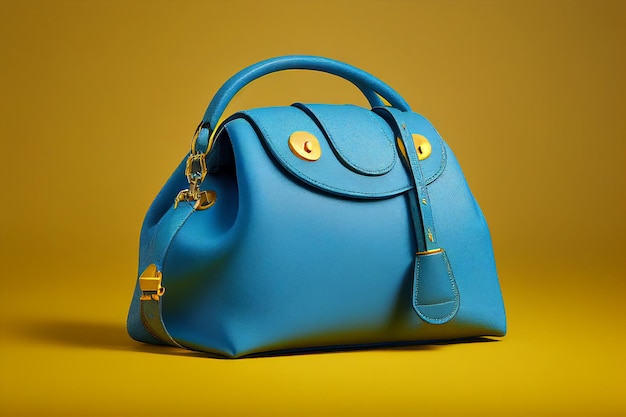 A blue bag with gold hardware sits on a yellow background.