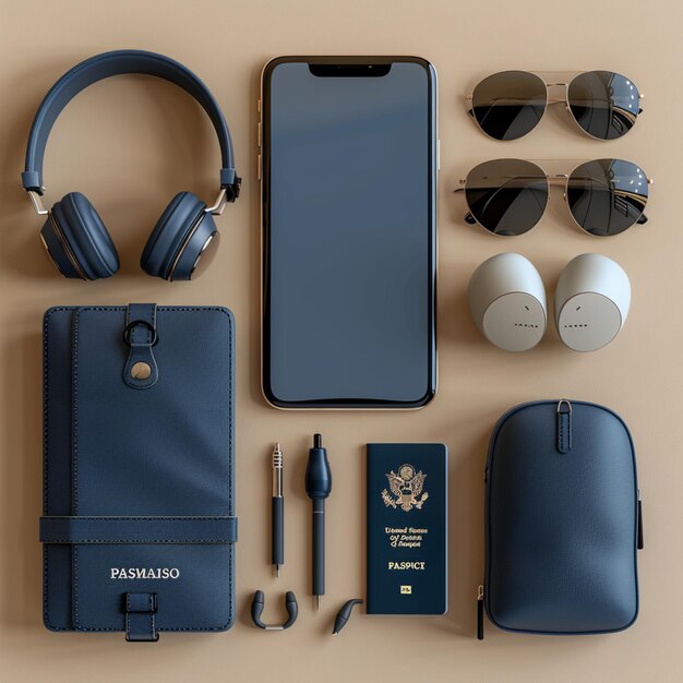 a blue bag with a passport and sunglasses on it