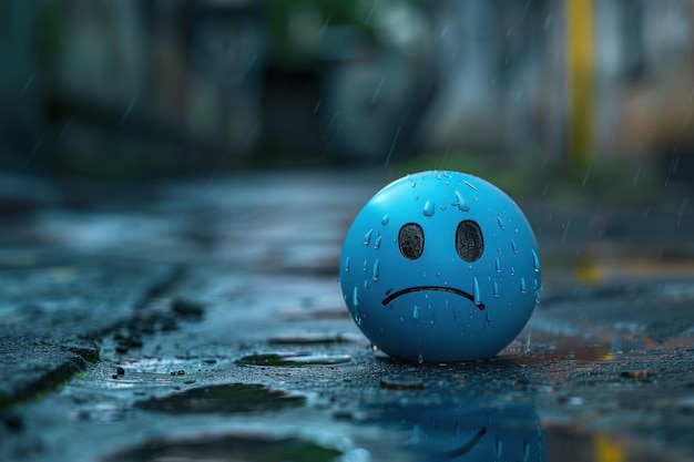 Photo a blue ball with a frowning face is sitting in a puddle of water