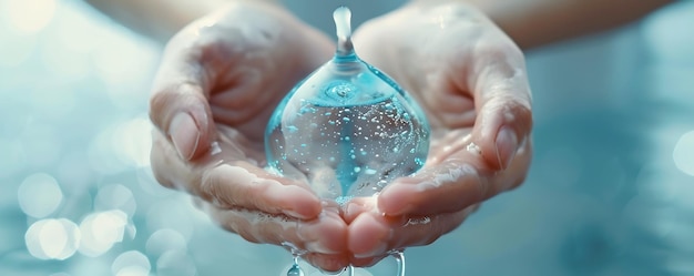 Photo a blue ball with water drops that is being held up by two hands