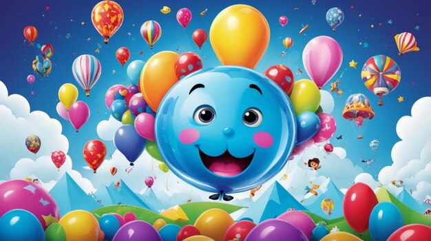 Photo a blue balloon with a happy face is surrounded by balloons