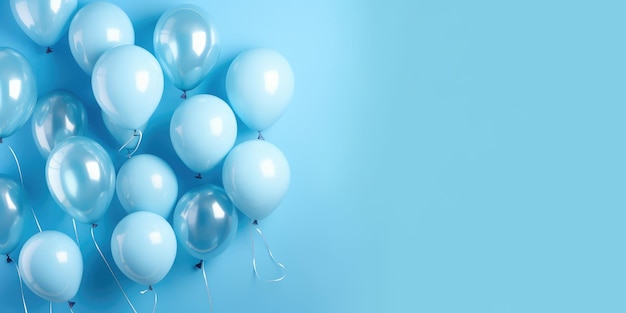 Blue balloons on a blue background with place for text The banner is blue Generative AI