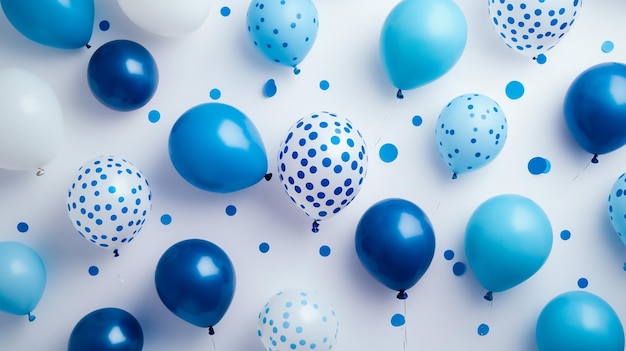 Photo blue balloons in a row with white dots and blue dots