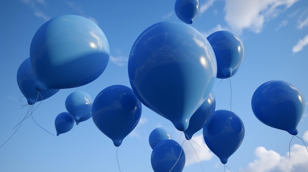 Blue balloons in the sky with the sun shining on them