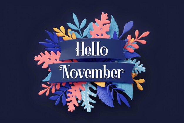 Photo a blue banner with hello november text surrounded by colorful leaves