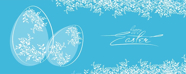 Blue banner with stylized Easter eggs and plant elements Calligraphy Happy Easter