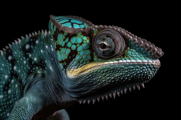 Blue bar panther chameleon macro of head isolated against a black background AI generated