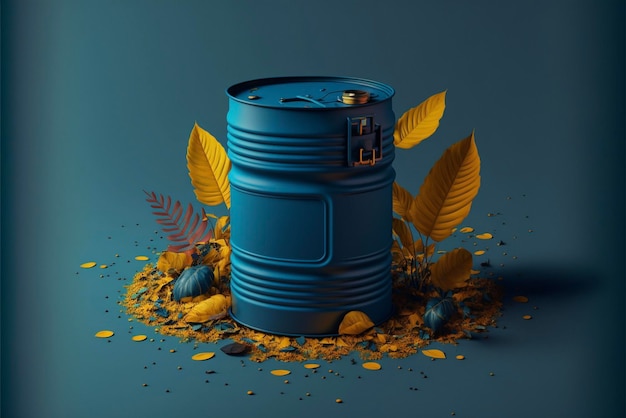 Blue barrel sitting on top of a pile of leaves