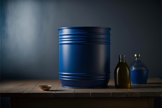 Blue barrel sitting on top of a wooden table