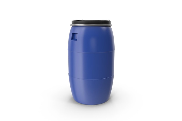 A blue barrel with a black lid sits against a white background.