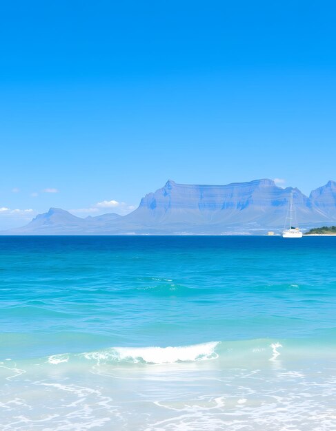 Photo blue beach waters of false bay with views of the cape peninsula isolated with white highlights