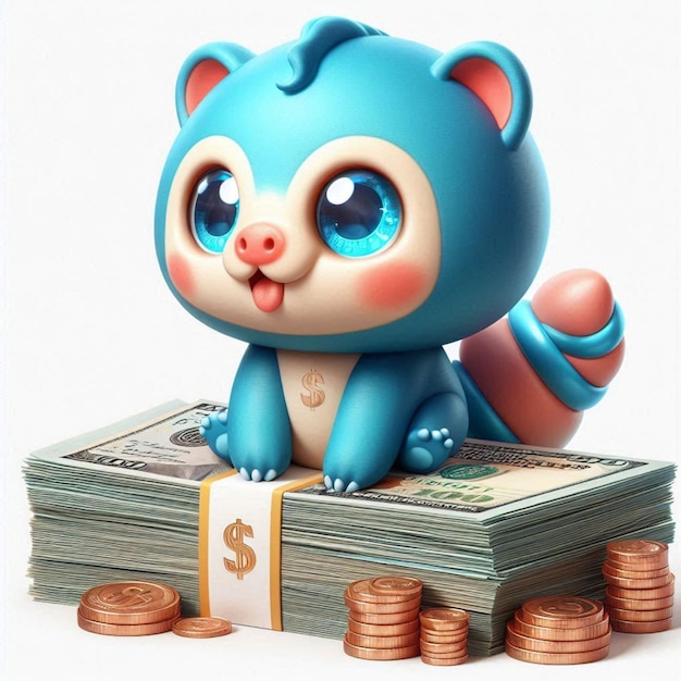 a blue bear with a dollar bill on top of a stack of money