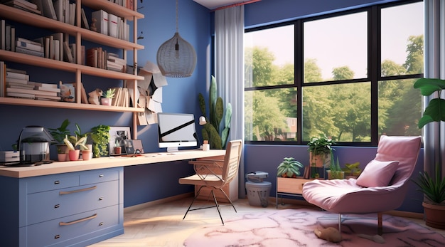 A blue bedroom with a desk and a window with a plant on it.