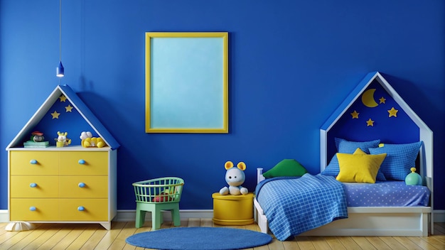 Photo a blue bedroom with a yellow frame and blue bedding