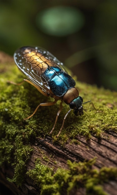 a blue beetle with a blue body on a mossy log