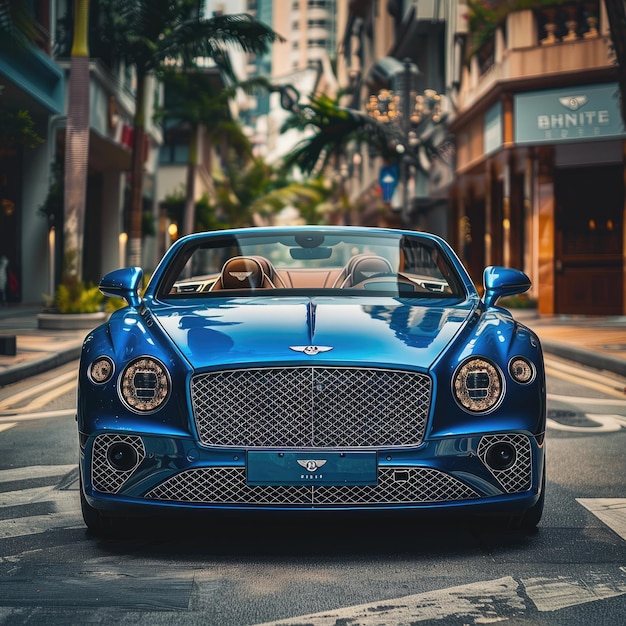 Photo a blue bentley continental gt convertible parked on a city street