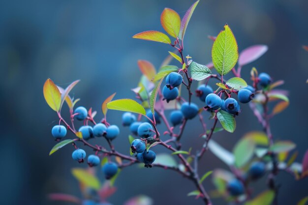 Blue berries on a branch with colorful leaves