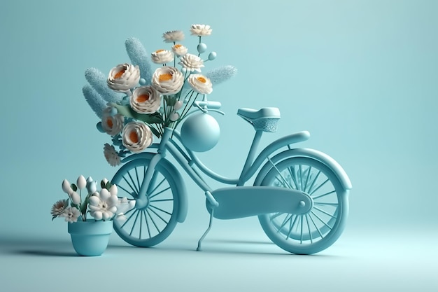 A blue bicycle with flowers on the back