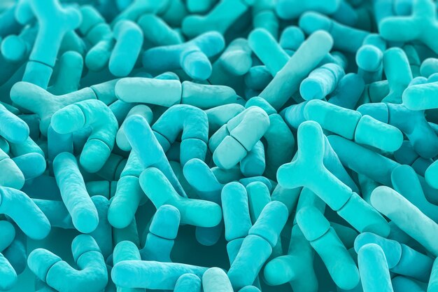 Photo blue bifidobacterium lactobacillus microbiome under microscope probiotic cells 3d rendering