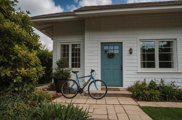 Photo a blue bike is parked outside a house with a blue door