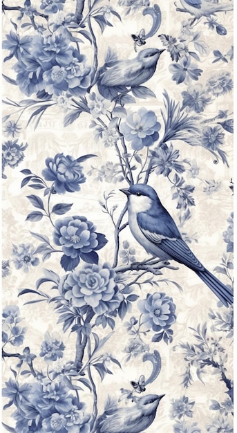 Blue bird on a branch with flowers