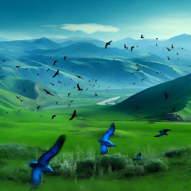 A blue bird is flying over a green field with mountains in the background.