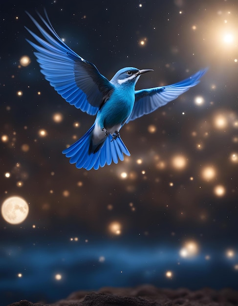 a blue bird is flying in the sky with the moon in the background