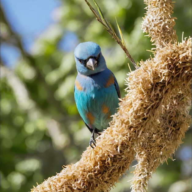 a blue bird is perched on a branch with a blue and orange patch on it