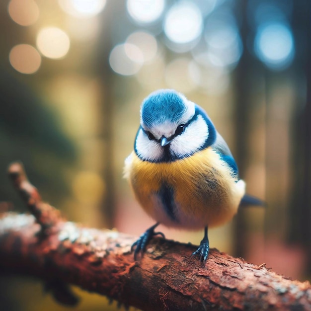 a blue bird is sitting on a branch with a blurry background