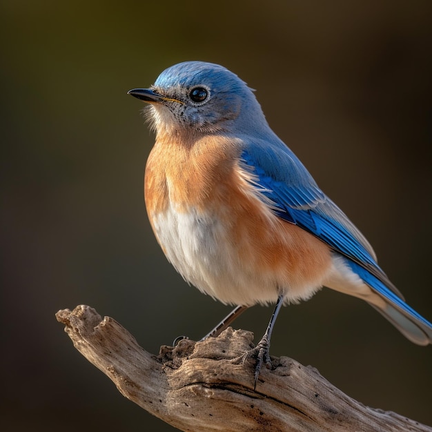 a blue bird is sitting on a branch with a brown background.