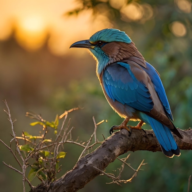 a blue bird is sitting on a branch with the sun setting behind it