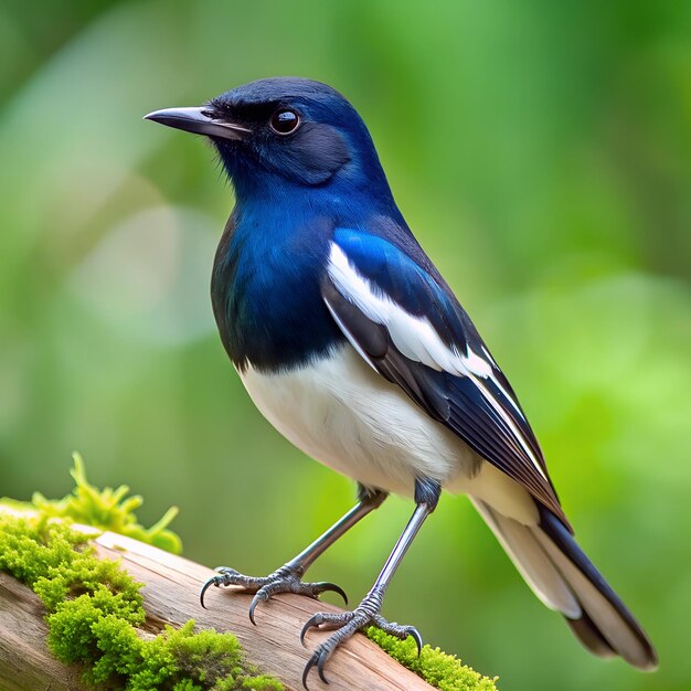 a blue bird is standing on a branch with a green background