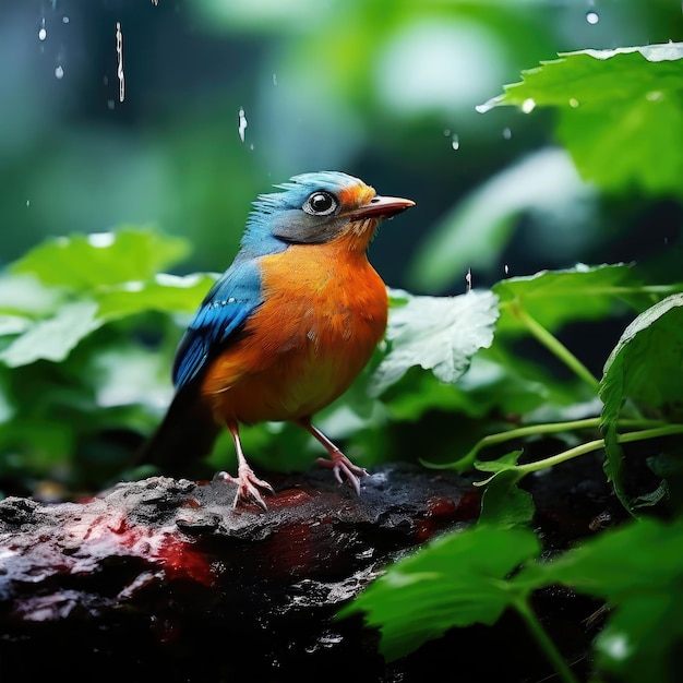 a blue bird is standing on a tree branch with water drops