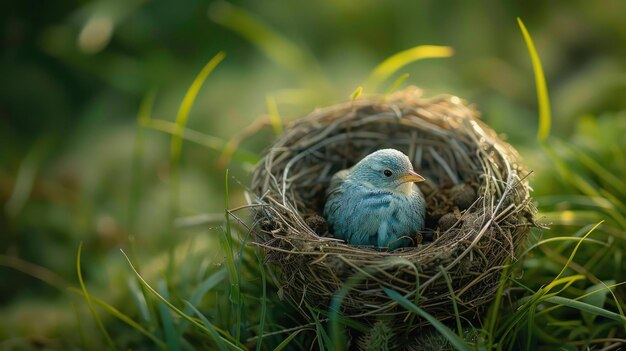 Photo blue bird nestled in a nest of twigs