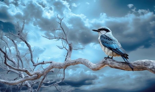 A blue bird sits on a branch in a cloudy sky.