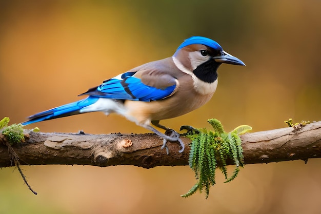 A blue bird sits on a branch with a green fern in the background.