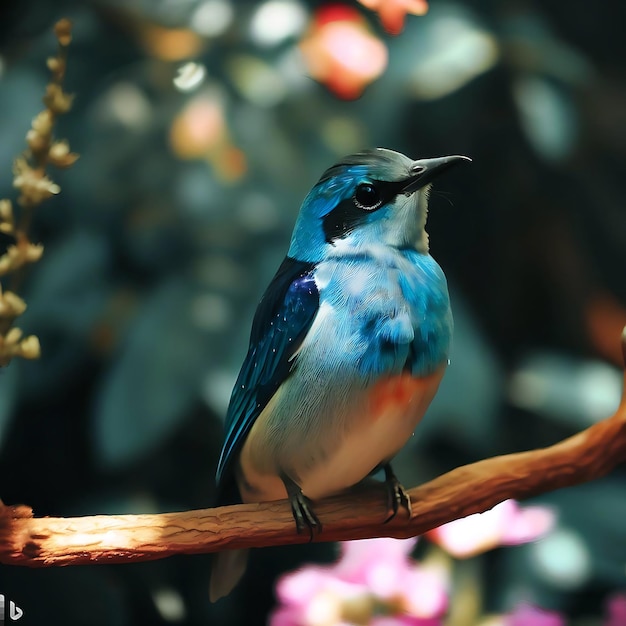 A blue bird sits on a branch with red flowers in the background generative ai