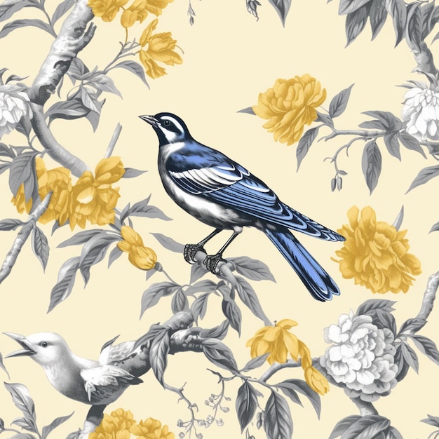 A blue bird sits on a branch with yellow flowers.