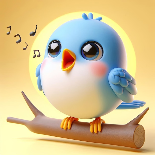 a blue bird sits on a log with music notes in the background